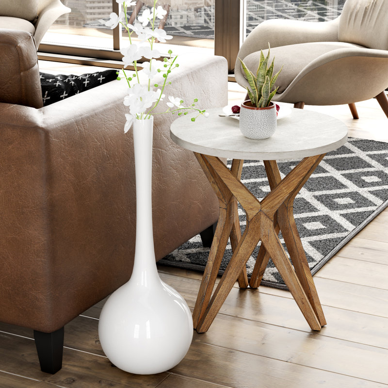 Moty Crossed Legs Round End Table Distressed White Top with Tripod Base for Modern Farmhouse Boho Millwood Pines